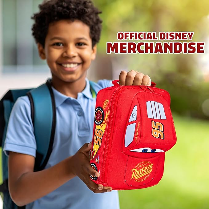 Disney Cars Lunch Bag for Kids Lightning McQueen Car Shaped Lunch Cooler Bag with Mesh Pocket Name Tag for School Snacks Travel Gifts for Kids