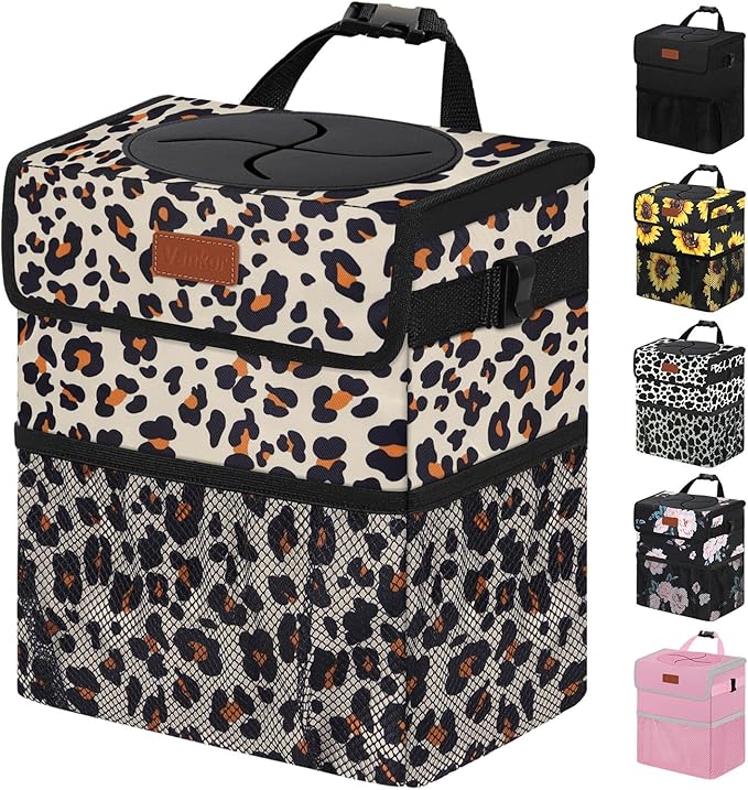 Vankor 3 Gallons Cute Car Trash Can, Car Accessories for Interior Leak Proof Can Trash Bag Hanging Waterproof Automotive Vehicle Garbage Cans Leopard Print Pattern