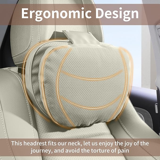 Car Headrest Pillow for Driving, Dual-Sided Leather Design Neck Pillow, Breathable Softness Neck Support, Universal Fit Head Rest Travel Pillow, Off White (Beige), 2 Pack