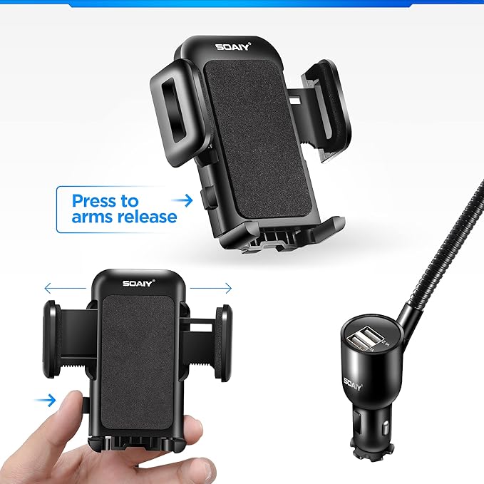 SOAIY 3-in-1 Cigarette Lighter Car Mount + Voltage Detector (Not for Center Console & Window), Dual USB 3.1A Charger with Adjust Gooseneck & 360° Rotating Car Mount Cradle for 1.7-3.7inch Width Phones