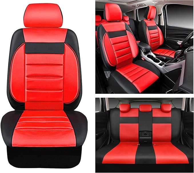 CAR PASS Leather Seat Covers Full Set Universal Water Resistant 3D Foam Back Support, Luxury Comfort Automotive 5 Seat Covers All Season Fit for SUV,Sedan,Van, Airbag Compatible Elegance (Black Red)