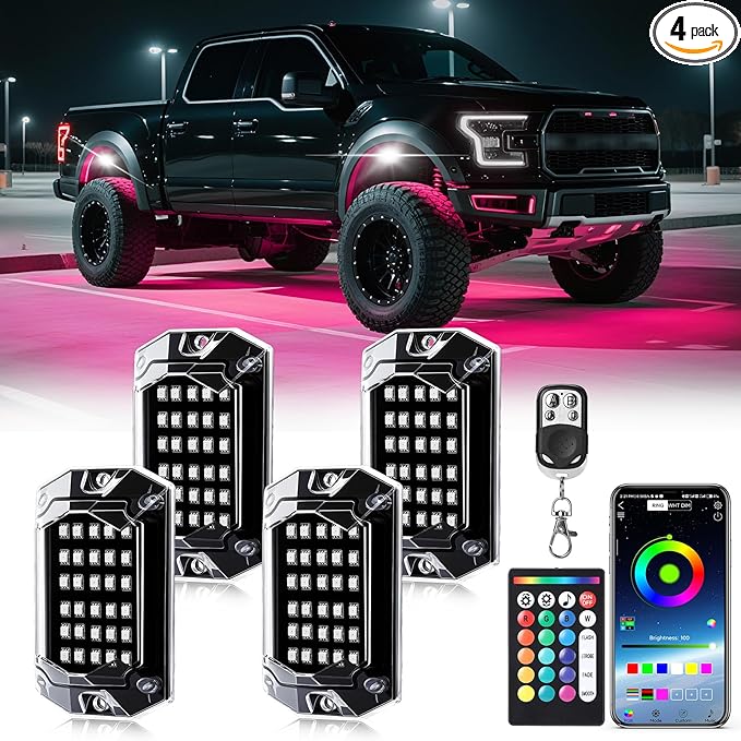 4 Pods Full Angle RGB LED Rock Lights for Jeep Truck ATV UTV RZR Offroad Golf Cart SXS, Waterproof Multicolor Neon Underglow Kit with APP/RF Remote, 12Volt Underbody Lights