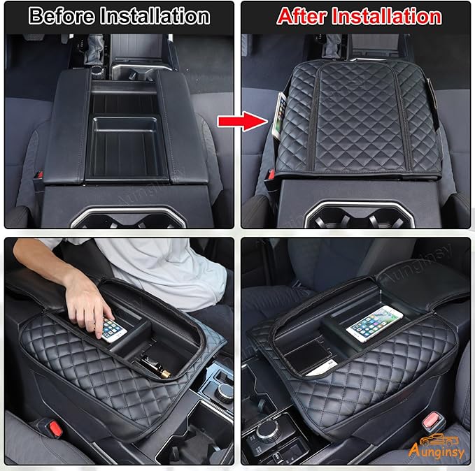Center Console Armrest Cover Compatible with Toyota Tundra 2022+ Sequoia 2023+ Leather Middle Console Cushion Lid Pad Waterproof Anti-Scratch Armrest Seat Box Cover With Pocket Storage Bag Accessories