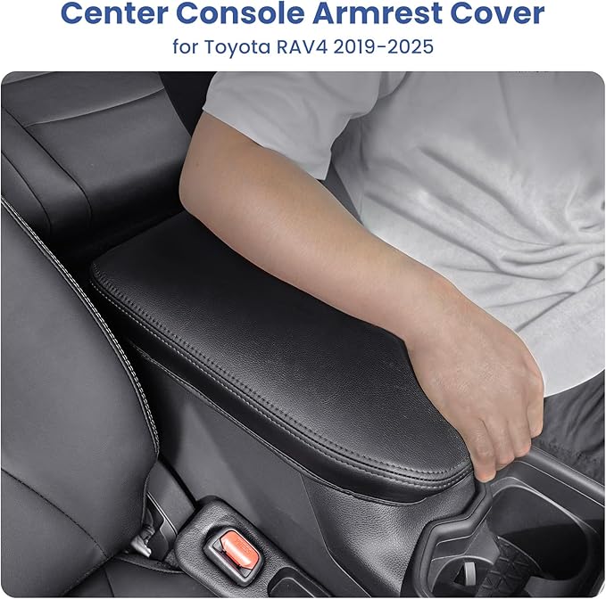 Center Console Cover for Toyota RAV4 2019-2025, Upgraded PU Leather Armrest Cover for RAV4 Adventure/Hybrid/XLE/LE/Limited/TRD Off-Road/Premium/XLE Premium (Black Stitching)