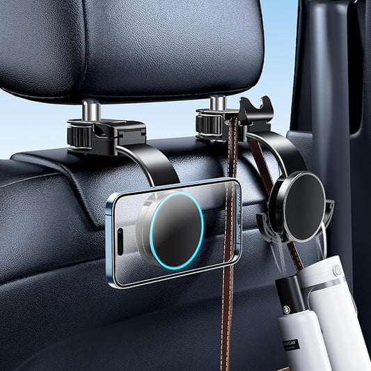 1 Pack Headrest Hook for Car Seat Back with Magnetic Phone Holder, Multifunctional Car Seat Hooks for Purses and Bags Handbag Grocery Bag, Purse Hanger Car Organizers and Storage Accessories