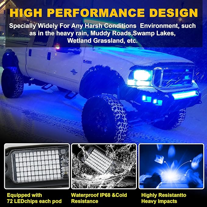 Nicoko 4Pods Pure Blue LED Rock Lights 72w high Power Rock Lights Neon Underglow Light for Car Trucks ATV UTV SUV Boat Underbody Glow Trail Rig Light IP68 Waterproof