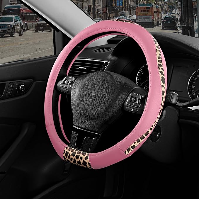 Road Comforts D-Type Steering Wheel Cover - Made with PVC Leather and Leopard Fabric - Universal Fit for 15-Inch D-Shaped Automotive Steering Wheels (Pink Color)