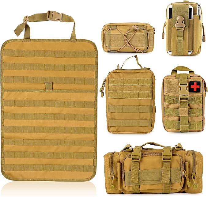 Universal Tactical Seat Back Organizer Vehicle Molle Panel Organizer Storage Bag with 5 Detachable Molle Pouch, Khaki