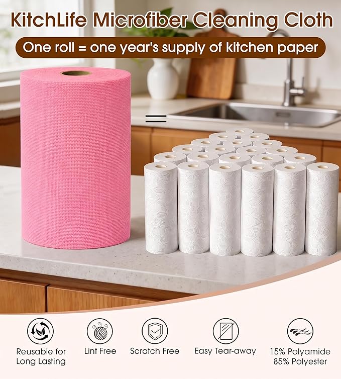 KitchLife Microfiber Cleaning Cloth Roll, 100 Pack - Tear-Away Microfiber Paper Towels, Lint-Free, Reusable, Washable for Kitchen, Car, Dishes, and Sensitive Surfaces (Pink)