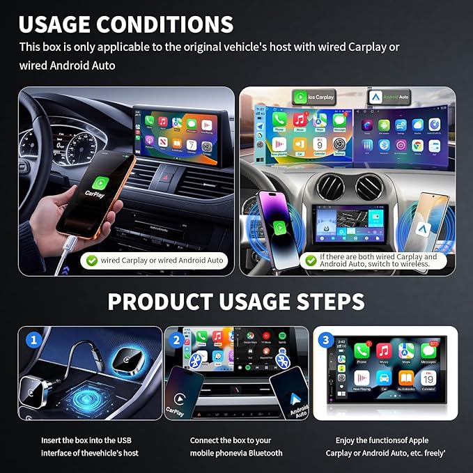 Wireless CarPlay and Android Auto Adapter, Ultra-Compact Aluminum Design with Dual-Band Technology, USB-C/USB-A Compatible for Wired CarPlay Vehicles