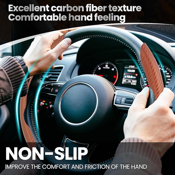 GSPSCN Universal Car Carbon Fiber Steering Wheel Cover Anti-Skid,Butterfly Steering Wheel Cover,Non-Slip Segmented Steering Wheel Protector,Fit for 99% Cars,Car Interior Accessories (Brown)