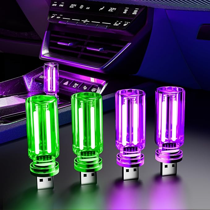 4 PCS USB Night Light, Touch Dimmable Mini USB LED Car Interior Ambient Lights, Portable Plug-in Glass Bottle Night Lamp for Car, Tent, Desk, Bedside (2Green&2Purple)