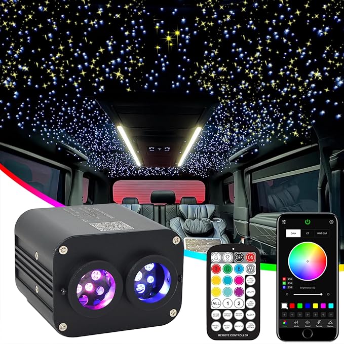 Dual Color Twinkle Starlight Headliner Kit 1100 Piece Starry Night Star Lights Ceiling 2 Color RGBW Bluetooth App Control Music Mode Fiber Optic Lights for Car 13.1ft/4m