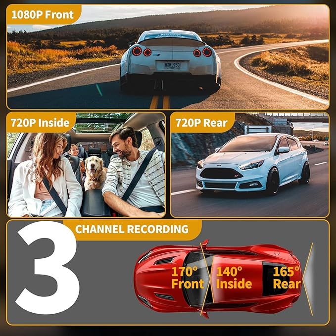 Dash Cam，3 Channel Dash cam, Full HD Dash Camera for Cars, Free 64GB SD Card, 2”IPS Screen, Night Vision, WDR, Parking Monitor, Loop Recording, Accident Lock, Motion Detection
