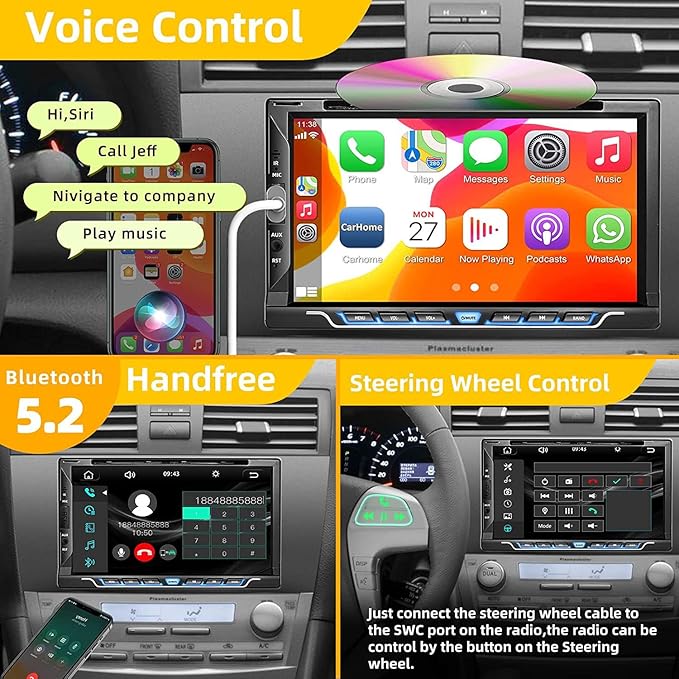 Double Din Car Stereo with CD/DVD Player, Apple CarPlay/Android Auto 7” Double din Radio with Backup Camera, Mirror Link, Bluetooth, AM FM Radio Receiver, SWC, Subwoofer, USB/TF/AUX…