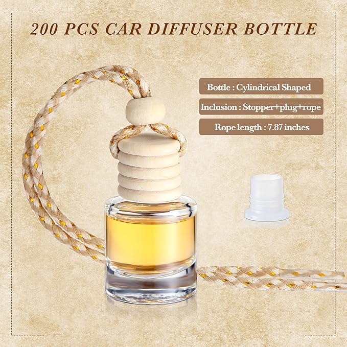 BBTO 200 Pcs Hanging Car Diffuser Bottles Bulk, Empty Clear Glass Air Freshener Bottles with Wooden Cap for Perfume Essential Oils Fragrance Aromatherapy Ornament(Cylinder)