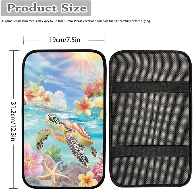 Suobstales Turtle Starfish Hibiscus Plumeria Print Car Armrest Pad Soft Center Console Arm Rest Protector Cover Universal Car Interior Accessories Decoration