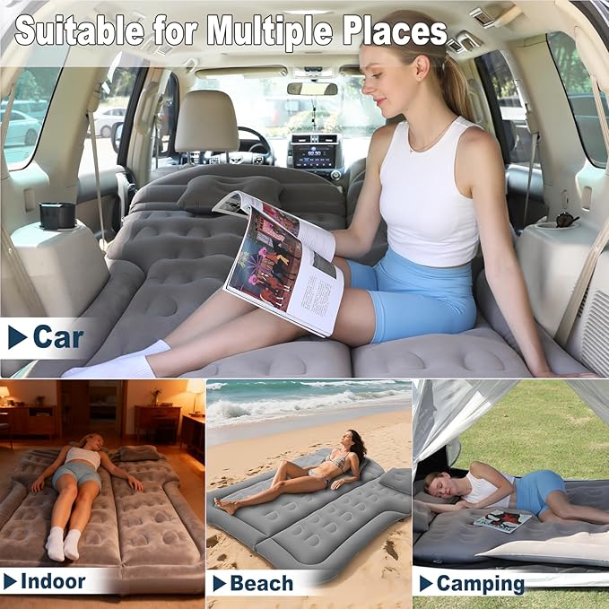 SUV Air Mattress Car Bed Inflatable Mattress for Truck Backseat - Foldable Car Mattress with Flocking Surface and Electric Pump Portable Air Bed Sleeping Pad for Home Car Tent Camping Travel
