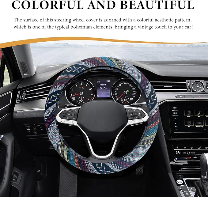 Boho Steering Wheel Cover, 15 Inch Coarse Flax Cloth Ethnic Style Anti-Slip Car Wheel Wrap, Universal Breathable Bohemian Steering Wheel Protector for Cars Vans Trucks (D)