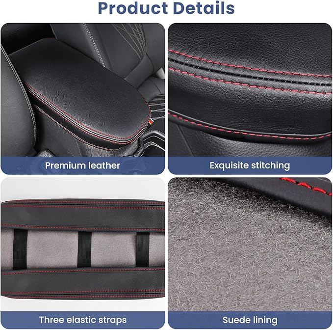 Center Console Cover for Toyota RAV4 2019-2025, Upgraded PU Leather Armrest Cover for RAV4 Adventure/Hybrid/XLE/LE/Limited/TRD Off-Road/Premium/XLE Premium (Red Stitching)