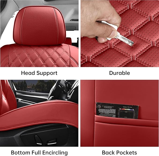 Car Seat Covers Full Set Red, Luxury Faux Leather Waterproof Non-Slip Women Seat Protector Universal Fit for Most Cars SUVs Trucks Pick-ups,Car Interior Accessories (Red-Full Set)
