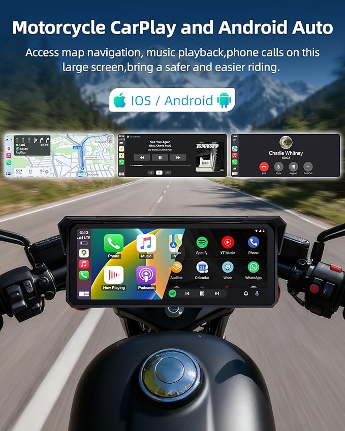 8.1" 4K Motorcycle CarPlay Screen w 4K Dash Cam Wireless Carplay Android Auto Screen for Motorcycle with GPS Navigation Voice Control WiFi Video Dual Bluetooth IPX7 Waterproof TF-64G Wired Control