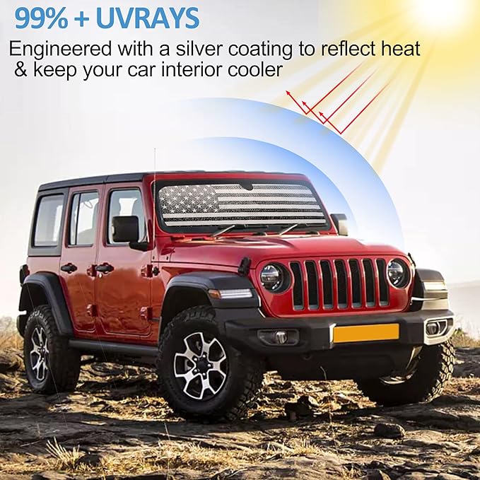 Windshield Sun Shade Compatible with Jeep Wrangler JK JKU JL JLU 1997-2023 & Jeep Gladiator JT 2020-2023 16.5"x52.5" Folding Front Window Sun Shade for Car Accessories (American Flag)