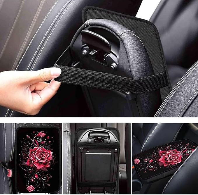 Dreaweet Red Rose Car Accessories Center Console Cover Arm Rest Cover for Car SUV Truck Center Console Cushion Pad Car Armrest Seat Box Cover Protector