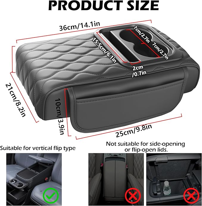 Upgraded Heightening Cup Holder Car Center Console Cover, Leather Car Armrest Cover Cushion with 2 Storage Bags,Car Armrest Storage Box Interior Accessories for Most Vehicles (Black)