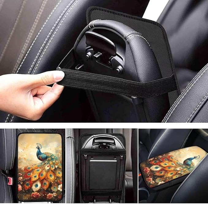 Suobstales Peacock Flower Print Car Armrest Pad Soft Center Console Arm Rest Protector Cover Universal Car Interior Accessories Decoration