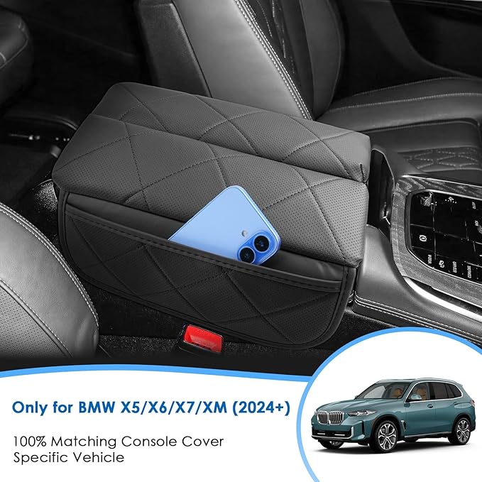 2024 2025 2026 X5/X6/X7/XM Center Console Cover for BMW Dual-Opening Center Console, Cushion&Comfy Leather Armrest Cover 2026 2025 X5 X6 X7 XM Accessories (Padded)