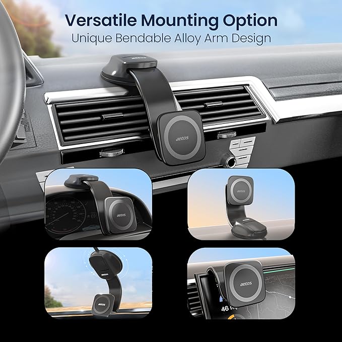 aetos for iPhone MagSafe Car Mount Magnetic Phone Holder with Adhesive Suction Base, Fits iPhone 17/16/15/14 Pro/Plus/Max and Android Phones with Ring Adaptor, Ideal for Dashboard and Windshield