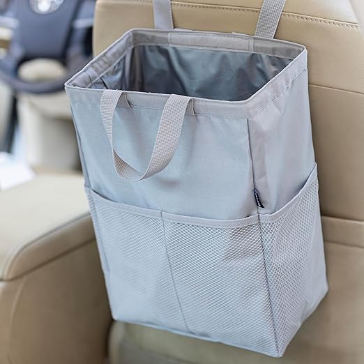 Ginsco New Leak-Proof Travel Car Trash Bag, 3.5 Gallons Large Capacity Hanging Car Trash Can with Hook and Loop Lid and Handle, Multipurpose Trash Bin with Storage Pockets for SUV RV, Atomic Silver