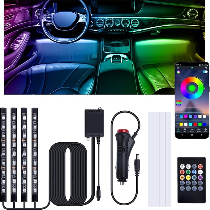 Car Led Lights Interior, Interior Car Lights with with Cigarette Lighter Adapter, 12V LED Strip Light with Smart APP Remote Control, Sync Music, Color Change Cars Light for Inside, Cars Accessories