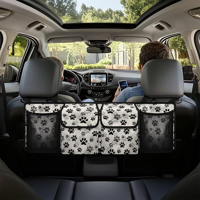Black Dog Paw Print Trunk Hanging Storage Bag Large Capacity Car Back Seat Organizer with 4 Storage Bags,Space Saving Expert