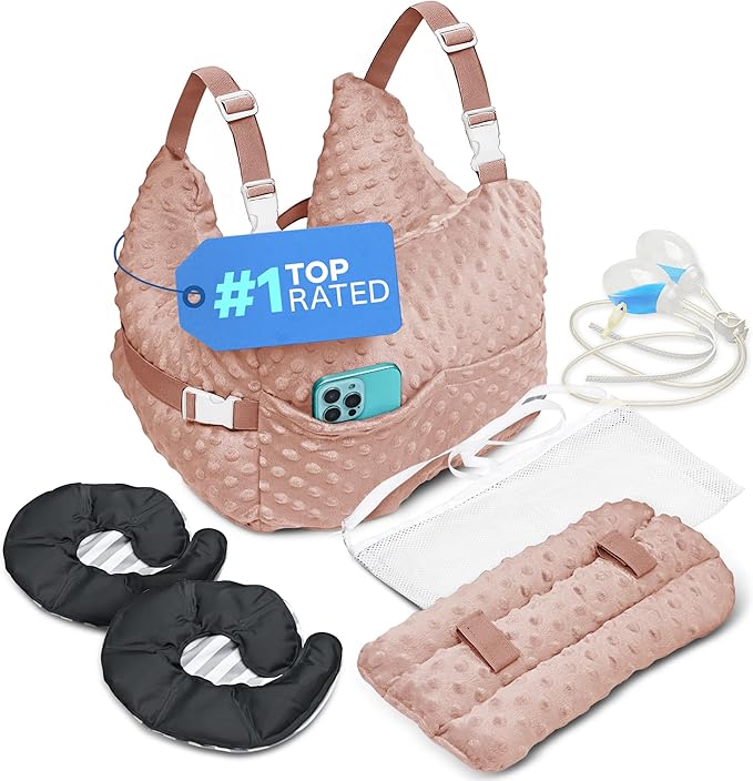 Zomaple Mastectomy Recovery Pillow with Strap, Swirly Gel Pack, Seat Belt Cover & Shower Lan – Post Mastectomy Must Haves, Breast Augmentation/Reduction & Mastectomy Recovery Supplies – Washable Cover