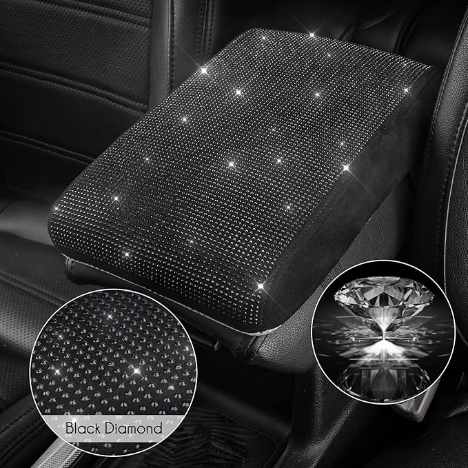 SEG Direct Diamond Auto Center Console Cover, Bling Car Armrest Cover, Memory Foam Armrest Cushion Pad with Crystal Rhinestones, Universal Seat Box Cover, Black Diamond