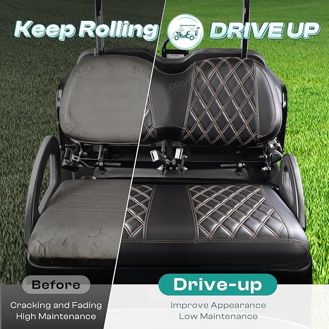DRIVE UP Golf Cart Diamond Seat Covers, Black Diamond Club Car Precedent Seat Covers, Brown Stitching Golf Seat and Backrest Leather Covers for Club Car Front Seats, Wipe Clean, Waterproof