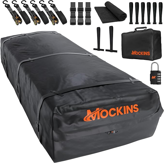 Mockins XXL 50 CuFt Car Rooftop Cargo Carrier Bag | Massive 85"x50"x20" Heavy Duty Car Luggage Roof Carrier Bag | All-Weather Vinyl Vehicle Soft-Shell Carriers with Anti-Slip Mat, Lock, Straps & Hooks