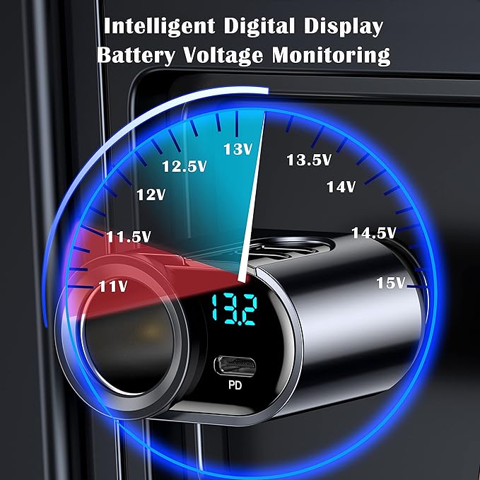 LIHAN USB C Car Charger, 12V/24V Cigarette Lighter Socket Splitter with 3 USB Ports, PD 30W Fast Charging, Compatible with iPhone, Galaxy, iPad, GPS, and More