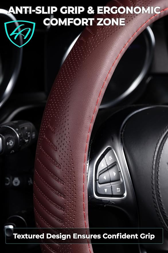 Lord Autofashion Steering Wheel Cover – PU Leather, Non-Slip Rubber Inner, All-Season Comfort – 14.5–15 Inch (Maroon 9356)