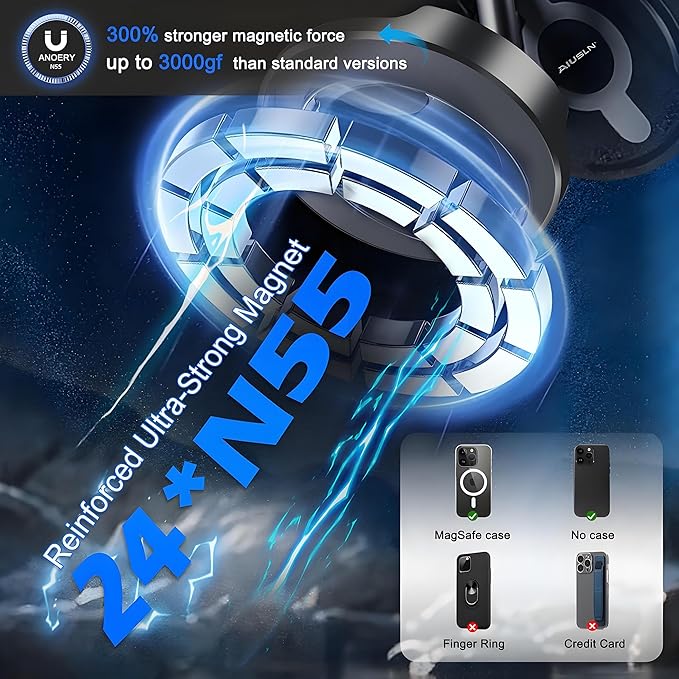 2026 Upgraded Reinforced Magnetic Car Phone Holder -24×N55 Ultra Magnets 110 LBS - 360°Swivel & Rock-Solid Hold Suction Cup Car Phone Mount for Magsafe iPhone 17 Pro Max 16-12 Air Plus