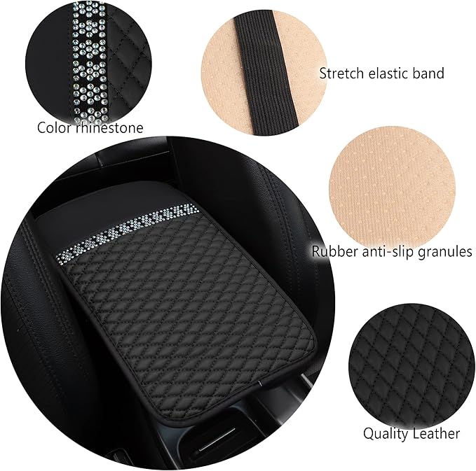 Bling Leather Car Armrest Box Cover,Car Center Console Protector with Colorful Crystal Rhinestones,Anti-Scratch Waterproof Car Armrest Seat Pad for Most Car,SUVs,Trucks (Black)
