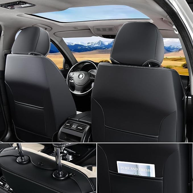 FLORICH Seat Covers for Cars, Waterproof Seat Covers, Leather Car Seat Covers 2 Pack, Universal Seat Cushion Protector for Most Cars Trucks SUV-Black&Beige