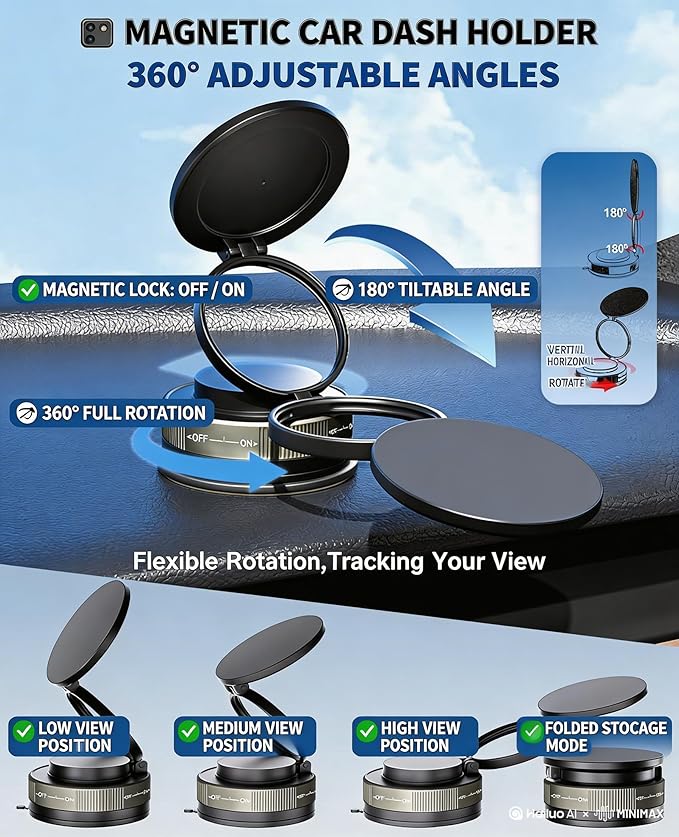 Upgraded adjustable vacuum magnetic car phone holder, strongest suction cup phone holder, 360° foldable car holder, suitable for cars/mirrors/smooth surface, compatible with iPhone and Android (White)