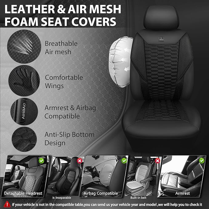 CAR PASS 3D Foam Mesh Leather Car Seat Covers Front Seats, Leather Mesh Front Seat Covers for Car,Breathable Universal Fit for SUV Truck Sedan Van Automotive, Armrest Airbag Compatible,Black