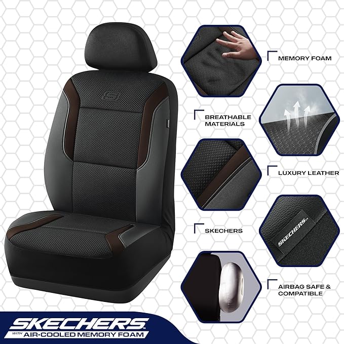 Skechers Memory Foam Car Seat Covers, Air Cool Mesh Thick Seat Covers, Car Seat Full Sets Airbag Compatible, Automotive Comfort for Most Cars,Vans,Trucks, SUVs,Brown