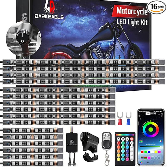 16PCS Motorcycle RGB LED Light Kit with Handlebar Switch Brake Turn Signal, Multicolor Underglow Lights with APP/RF Remote, Neon Strips Accent 12V Waterproof for Cruiser,Touring & Adventure Motorcycle