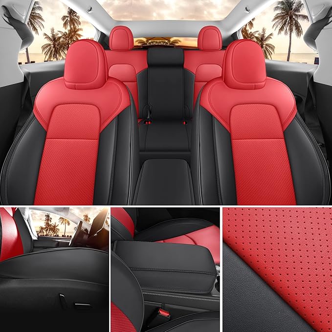 Tesla Model Y Seat Cover 2020-2024 Waterproof Nappa Leather Seat Cover Fully Wrapped (TY-Red+Black)
