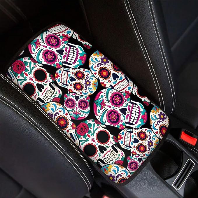 Dreaweet Sugar Skull Center Console Armrest Pad Cover Halloween Car Accessories Soft Comfort Arm Rest Cover Pad Universal Middle Console Covers for Cars SUV Truck Sedan